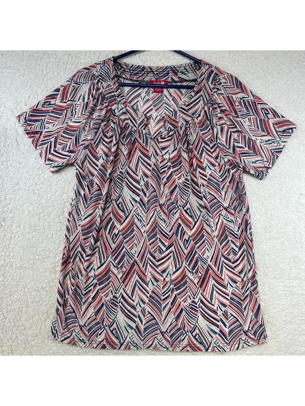 Studio M Women's Geometric Print Short Sleeve Blouse Top Size Large